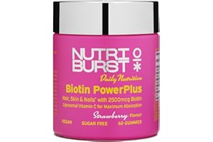 Nutriburst Biotin Power Plus - Biotin (2500mcg) + Liposomal Vitamin C for Healthy Hair & Glowing Skin - Strawberry Flavour - 60 Gummies 1 Month Supply - Suitable for Vegans