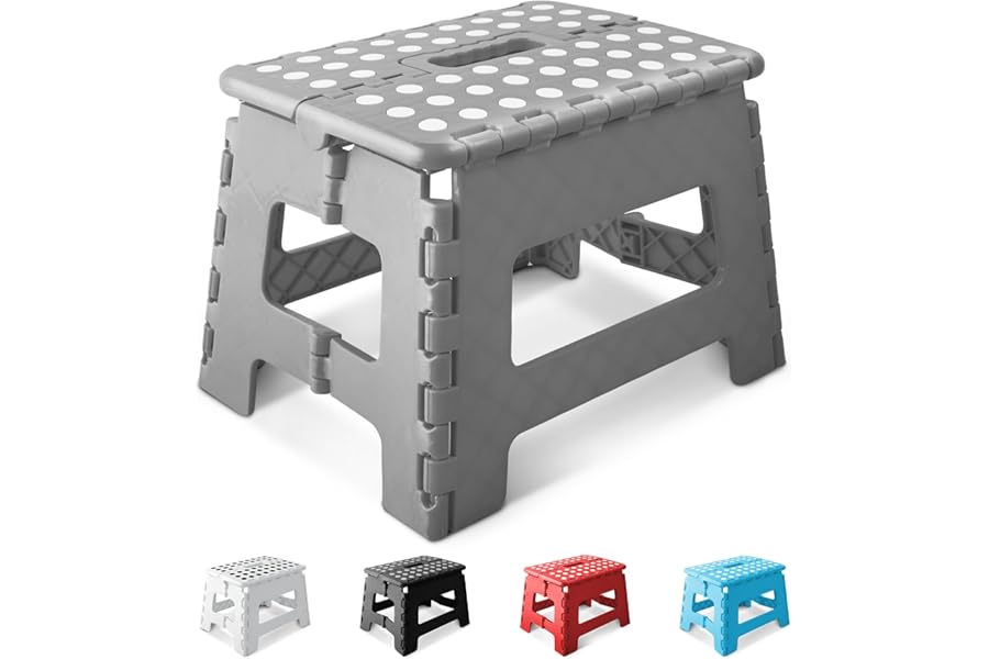 KEPLIN 9 Inch Heavy Duty Folding Step Stool | Non-Slip Foldable Footstool for Toddlers, Children & Adults | Portable, Lightweight Plastic Footstep w/Carrying Handle for Indoor or Outdoor (Grey)