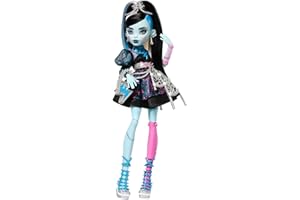 Monster High Cumplespantos Frankie Stein Muñeca con vestido de fiesta negro y accesorios temáticos como una invitación, un globo, un regalo, un pintalabios y mucho más, JBG75