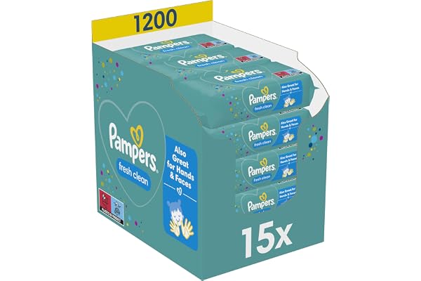 Pampers Fresh Clean, 1200 Lingettes pour Bébé (15x80), Sans Alcool, Aussi Pour Les Mains Et Le Visage