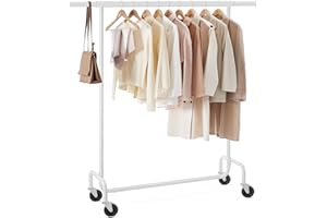 ‎SONGMICS SONGMICS Wieszak na ubrania z kółkami, wysuwany drążek do ciężkiego obciążenia, nośność 130 kg, 45 x (110-150) x 162,9 cm, metalowy wieszak na ubrania, chrom, matowy biały HSR011W01