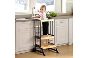 COSYLAND Adjustable Height Kitchen Tower For Toddlers – Lightweight Toddler Kitchen Stool Helper For Bathroom Living Room Dining Room – Solid Bamboo Standing Tower (Natural & Black)