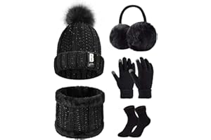 UMIPUBO 5pcs Tricotés Ensemble d'hiver Bonnet Chaude Doublure en Polaire Écharpe Femme Chapeau Pompon Des gants Cache-Oreilles Chaussettes