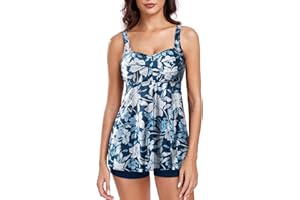 FLYILY Femmes 2 Pièce Floral Tankini Ensemble Vintage Imprimé avec Short Maillot de Bain Grande Taille