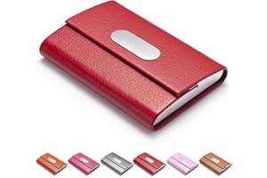 FACATH Porte cartes de visite pour femme, en cuir synthétique et acier inoxydable, porte-cartes en métal, porte-carte fin, porte-cartes de visite pour homme et femme avec fermeture magnétique - Rouge