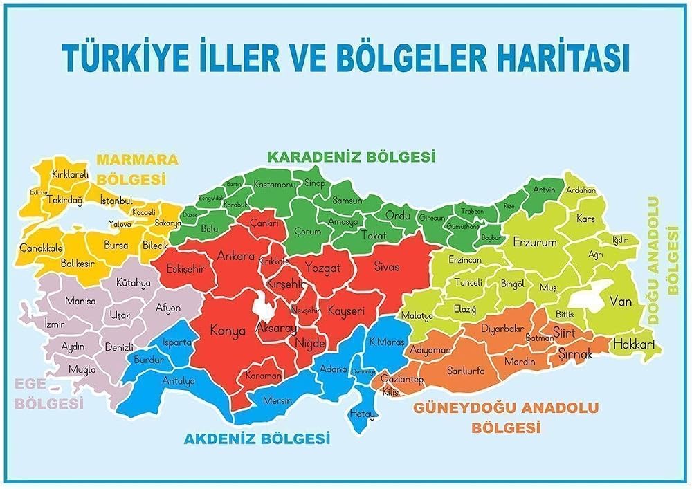 kocstudyo Türkiye İller ve Bölgeler Haritası Posteri, 70x100 cm, Vinil