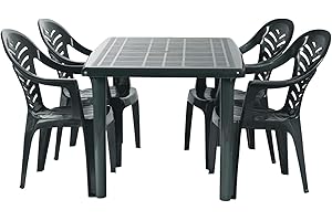Resol Olot 4 Seater Dining Set - Green - Heavy Duty Polypropylene Plastic Garden Table with Parasol Hole & 4 Stackable Chairs for Patio, Garden, Outdoor, Pool