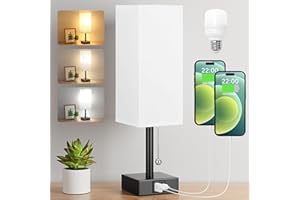 kakanuo Lampada da Comodino a 3 Modalità di Colore con Porte di Ricarica USB-C+A, Lampadina LED Inclusa, Interruttore a Catena, Lampada da Tavolo per Camera da Letto Soggiorno Ufficio(Bianco)