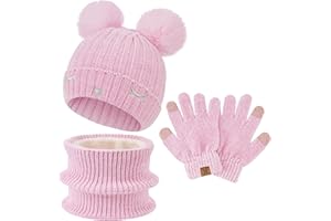 BEQUEMER LADEN Bambino Bambina Invernale Termico Cappello Berretto Beanie con Pompom Sciarpa Scaldacollo in Maglia Guanti Touch Screen Set per 3-10 Anni Bambini
