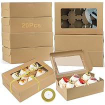 Boîtes Patisserie Kraft Avec Fenêtre - Lot De 20 - 20,3x13,5x5cm - Emballage Cookies Cupcakes