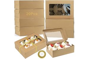 Honeueuen 20 x 6 Hole Cupcake Boxes with Clear Window, Cake Box with Adjustable Insert Cupcake Carrier for Cupcakes, Cookies, Muffins, Pastries and Donuts, Kraft