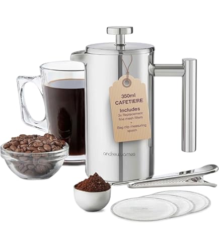 Koffiemaker met kolf, Frans koffiezetapparaat van roestvrij staal, 350 ml, dubbelwandig, Franse pers, voor 2 kopjes, koffiemaker, persfilter met filters en lepels voor thuisgebruik, reizen en kamperen