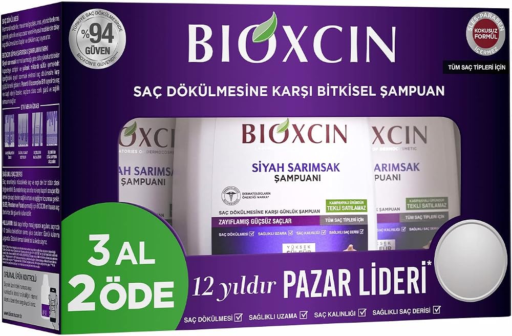 Bioxcin Siyah Sarımsak Şampuan 3 x 300 ml – Saç Dökülmesine Karşı, BioComplex B11 ve Bitki Ekstreli Güçlendirici Formül – 3 Al 2 Öde