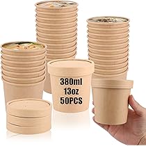 SHUESS 50 stuks 380 ml papieren bekers en ronde soepkommen, bruin ijsbeker, karton, beker met deksel voor soepen en desserts