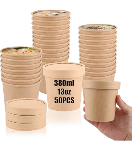 ECOPICNIC Kraft Soepkommen met deksel Kraft 500 stuks 750 ml | Wegwerp papieren soepbekers met kraft deksel, duurzame voedselcontainer voor warme en koude gerechten, ideaal voor soep, salades