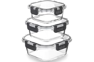 Igluu Meal Prep - Recipientes cuadrados apilables de vidrio - sin BPA, tapas herméticas a prueba de fugas, aptas para microondas, horno y lavavajillas (800 ml, 520 ml, 320 ml) - Set de 3