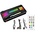 Kllsmdesign Pwm Fan Temperature Controller Integrator, Remote Control Computer RGB Light Adapter, 8 * 4 Pin Fan Speed Controller Ports, 10 * 5v 3pin A-RGB Ports with Magnet （Black）