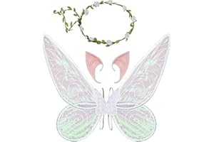 JEACKCELLE Feenflügel Kostüm, Damen Mädchen Schmetterlingsflügel Elfenflügel mit Elfenohren Blumenkranz Halloween Kostüm Zubehör Karneval Fee Party Schmetterling Kostüm Feenkostüm für Kinder Erwachsene (Weiß)