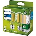 Philips LED Ultra Efficient Light Bulb 2 Pack A Label Energy Rating [White 3000K - E27 Edison Screw] 60W A60 Clear. for Home Lighting., 929003066791
