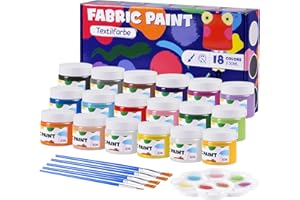 BLISSIQUEE Textile Paint, Machine Washable, 18 Colours, 50 ml Each, Fabric Paint Set with 5 Brushes, Mixing Palette, High Coverage for T-Shirts, Jeans, Shoes on Light and Dark Fabrics