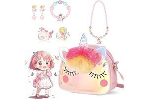 PROBUK Licorne Sac A Main Bijoux Enfants Fille, Licorne Sac Avec Ensemble De Bijoux, Sac BandoulièRe Licorne, Licorne Collier Bracelet Boucle D'Oreille Kit Bijoux Cadeau Anniversaire Fille 3 4 5 6 7 Ans
