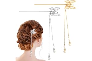 XINNUN 2 Pièces Bâton de Cheveux Chinois en Alliage à Pompon Baguette Cheveux de Perle Papillon Épingle à Cheveux Chignon Vintage Épingle à Cheveux Rétro Long pour Femmes Filles, Or et Argent