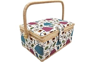 JYC CREATIVE Costurero de Madera, Caja de Costura Forrada en Tela con 8 Compartimentos, Organizador con Alfiletero, Caja de Almacenamiento con Asa y Bandeja, (Hilos, Grande)