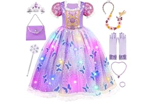 WIKITOT Princess Costumes for Girls, Light up Princess Dress up for Girls Aged 3 to10, Purple Fancy Dress for Kids & Toddlers Halloween Christmas Costumes