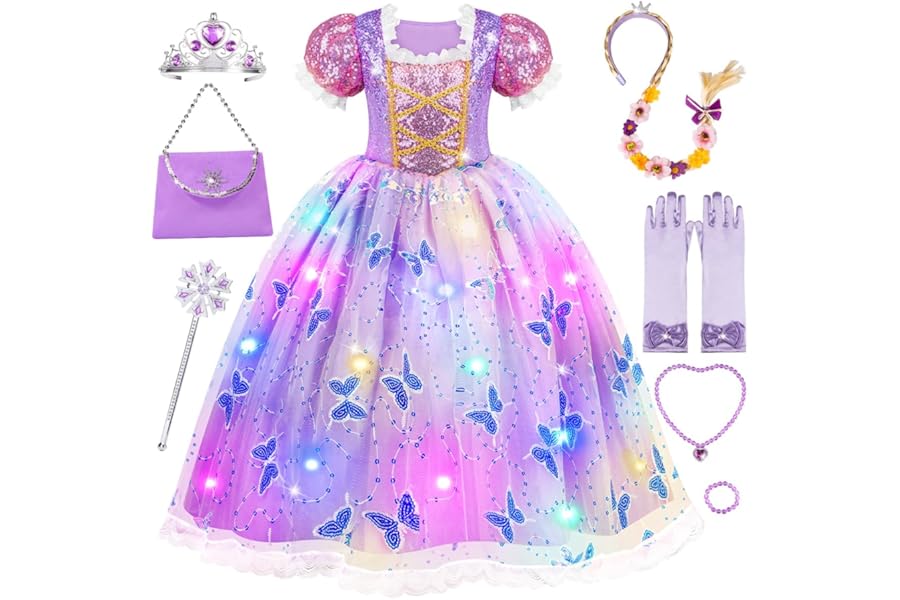 WIKITOT Princess Costumes for Girls, Light up Princess Dress up for Girls Aged 3 to10, Purple Fancy Dress for Kids & Toddlers Birthday Halloween Costumes