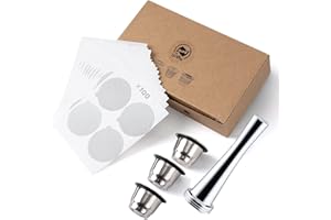 i Cafilas Kit Tamper à café pour Nepresso machine à café en inox + 3X Capsules Nepresso Rechargeable Inox + 100X Couvercles en Aluminium + Cuillère de mesure + Brosse de nettoyage
