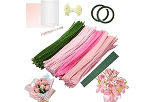 Assiduous 400 Stück Pfeifenputzer zum Basteln - Pfeifenreiniger zum Basteln,Rosa Tulip Bouquet Pfeifenreiniger Set, 4 Farben Pipe Cleaner mit 20 Stück Grünem Bastelfaden, für Blumenstrauß DIY Basteln