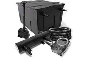 Wiltec Kit complet: CBF-550 Filtre de bassin jusqu'à 60000 L, NEO10000 pompe de filtration 10000l/h 80W, CUV-218 lampe uv 18W, 25m Tuyau 25 mm, HJ-943 fontaine 800l/h 16W