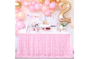 QUEENDREAM 9FT Pink Tulle Table Skirt 2 Layer Tutu Table Skirts Tablecloth with LED for Baby Shower Sweetheart Cake Table Decoration