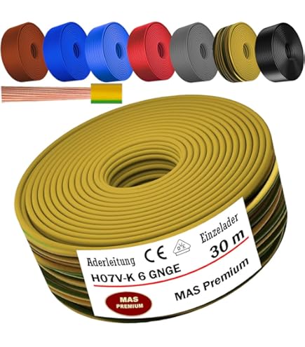 MAS Premium Van 5 tot 100m Aderleiding H07 V-K 6 mm² Zwart Bruin Donkerblauw Groengeel Grijs Rood Oranje of Lichtblauw Enkelader flexibel (Grijs, 20m