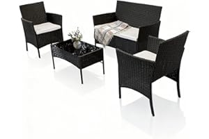 Holywarm Rattan Garden Furniture Set: 4-Piece Outdoor Patio Furniture Set with Table and Chairs, Garden Conversation Bistro Sofa Set for Yard, Pool, or Backyard (Black + Beige Cushions)