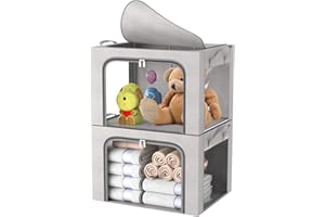 FUSACONY Clothes Storage Boxes 2 Pack Closet Organizers and Storage, Foldable Oxford Cloth Steel Frame Box with Double Opening Zips and Three Clear Windows for Storing Bedding,Blankets,Grey (24L)