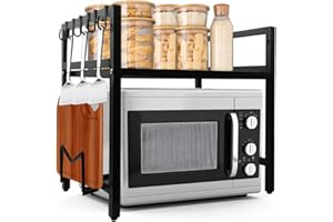 Jomdjmskes Mensola Microonde, Scaffale Cucina Estensibile 2 Livelli con 6 Ganci, Regolabile Microonde Scaffale, Cucina Salvaspazio Organizzatore Ripiani, Mobiletto Cucina Retrattile 40-64cm