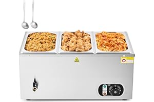 WILPREP Bain Marie Food Warmer with 3 Pans and Lids, 18L Commercial food warmer for Catering Restaurants Parties and Weddings, 1500W Rectangular Stainless buffet server with Adjustable Temperature
