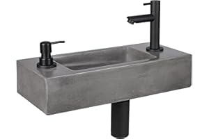 ‎DIFFERNZ Differnz Jax Waschbecken klein – Handwaschbecken Beton Grau – Armaturen Matt Schwarz - Seifenspender - Wasserhahn Rechts – Waschtisch – 42 x 18.5 x 9 cm