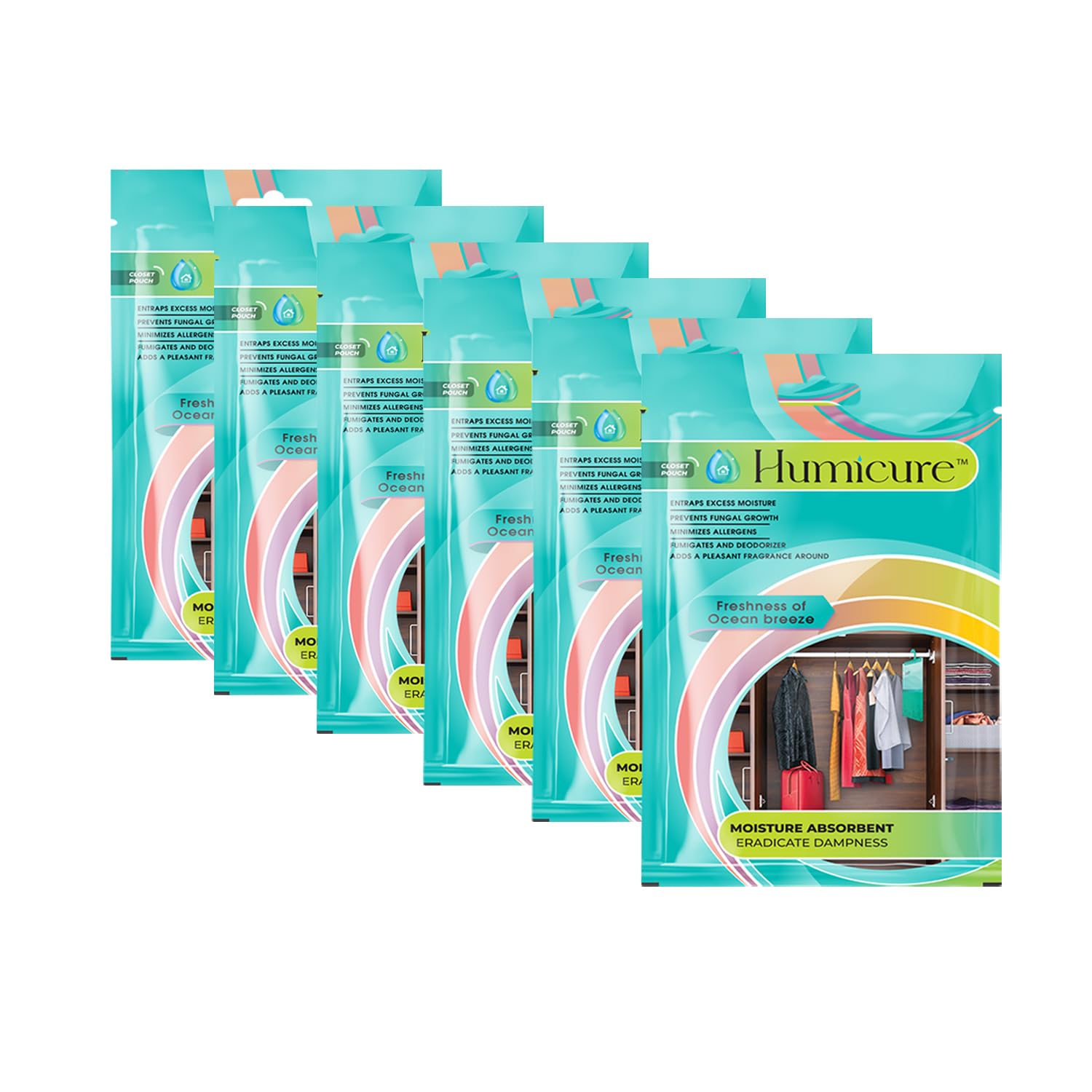 Humicure Moisture Absorber Hanging Bag Prevents Mould & Fungus, Dehumidifier Humidity Control with 1 Litre Absorption Capacity for Wardrobe, Bathroom, Kitchen, Bedroom (Pack of 6, Ocean Breeze)