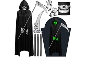 HYOJCWU Déguisement faucheur Halloween Ensemble de vêtements Cape à Capuchon Noire, avec Faux de La Mort, Une Serviette pour Le Visage du crâne, des Gants de crâne, Halloween Carnaval Costume