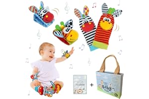 ZANDIA® Sonajero Bebe Calcetines y Muñequeras + Caja De Regalo + Tarjeta Personalizable | Juguete Recien Nacido | Regalo Bebe Desde 0 Meses | Sonajero Bebe 0-3 Meses | Sonajero Bebe Sensorial