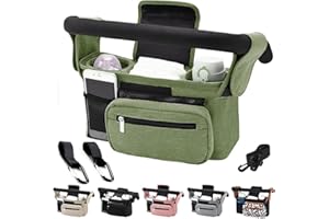 Tyuodna Kinderwagen Organizer Universal,Buggy Tasche mit 2 Isolierten Getränkehaltern, Große Kapazität & Abnehmbarer Schultergurt, Rutschfeste Haken für Kinderwagen/Buggy (Grün)
