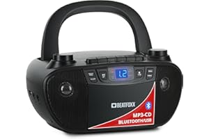 Beatfoxx CDB-1016U BK Boombox avec cassette, lecteur CD, radio, Bluetooth et USB – Enregistreur avec entrée AUX et sortie casque – Fonctionnement via câble d'alimentation ou 6 piles de type C –