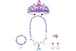 Falafoty Kids Jewelry, Children's Necklace Bracelet Ring Ear Clip Dress Up Set, Birthday Jewelry Party Favors Gift Set for Little Girls Baby Cosplay Dress up Pretend Play, Mermaid Themed Party