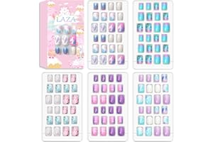 Laza 120pcs Children Nails Press On Pre-glue Full Cover Nail Tips Kit Glitter Gradient Color Rainbow Short Artificial False Nail Kits Lovely for Children Kids Girls - Silver Pearl