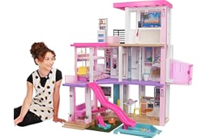 Barbie Dreamhouse Deluxe Domek dla lalek (ok 109 cm) z 3 poziomami, basenem, miejscem zabaw dla zwierzątek, możliwością dostosowania światełek i dźwięków oraz +75 akcesoriami, od 3 roku życia, GRG93
