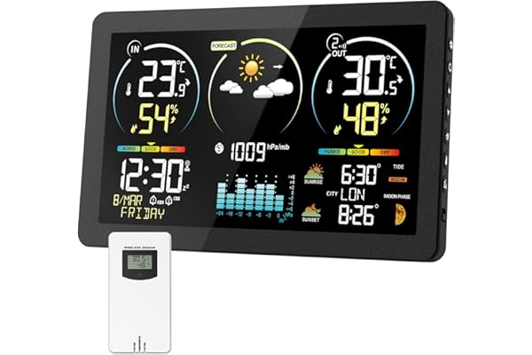 Estación meteorológica inalámbrica con sensor, termómetro higrómetro digital interior exterior, pantalla LCD a color, calendario de radio despertador DCF Snooze barómetro previsión meteorológica reloj