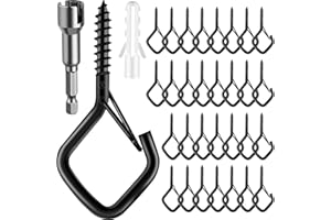 WIXITOOL 30 PCS Q-Hanger Hooks, Screw Hook Outdoor String Lights, Safety Buckle Cup Eye Hooker for Hanging Christmas Lights, Plants, Wind Chimes, Mounted on Wall Ceiling, Black with Wind Nut Driver, Square