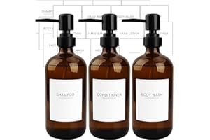 KOPEME Ezebesta Set of 3 Amber Glass 500ml Soap Dispensers with 22 White Labels Bathroom Liquid Bottle Container with Black Pump